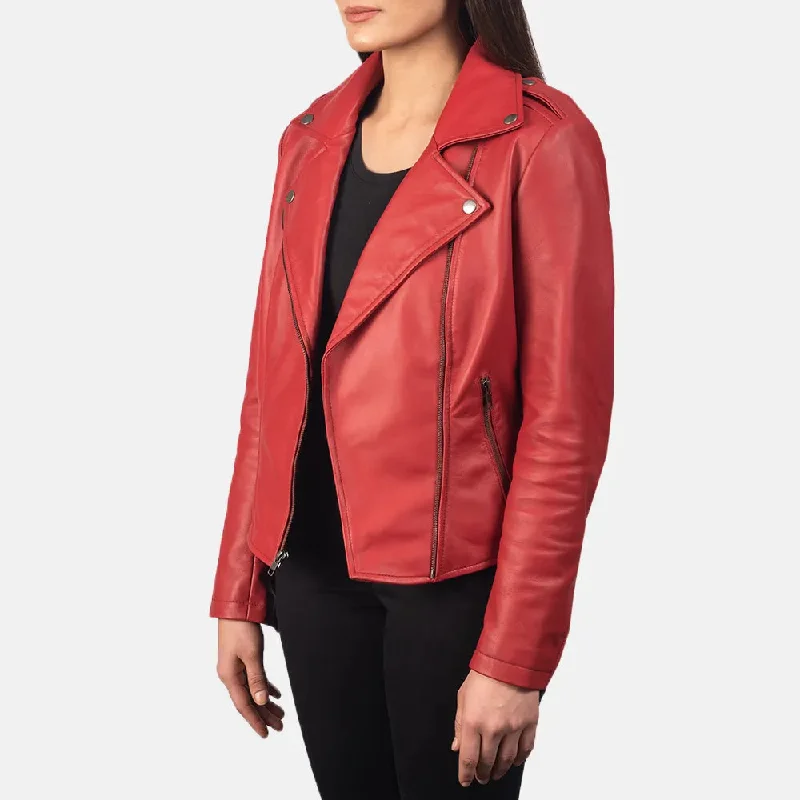 Red Biker Jacket Women's - Sheepskin Leather