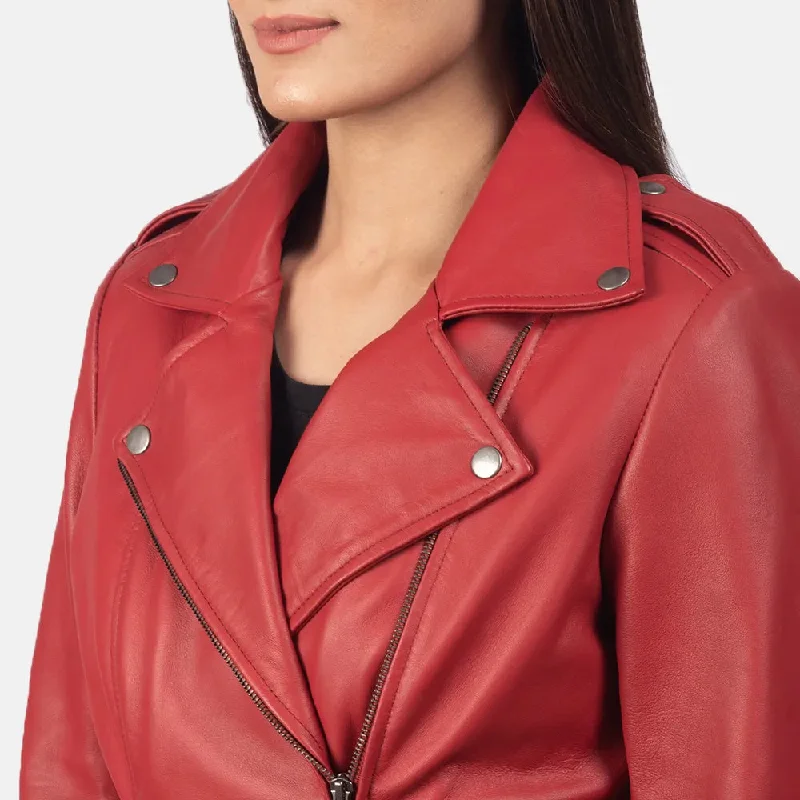 Red Biker Jacket Women's - Sheepskin Leather