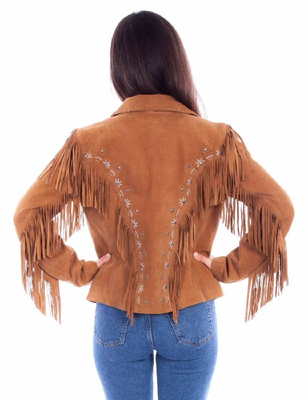 Scully Womens Western Fringe Button Tan Leather Leather Jacket