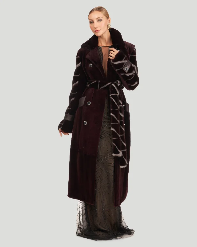 Sheared Mink Coat With Intarsia Sleeves And Belt