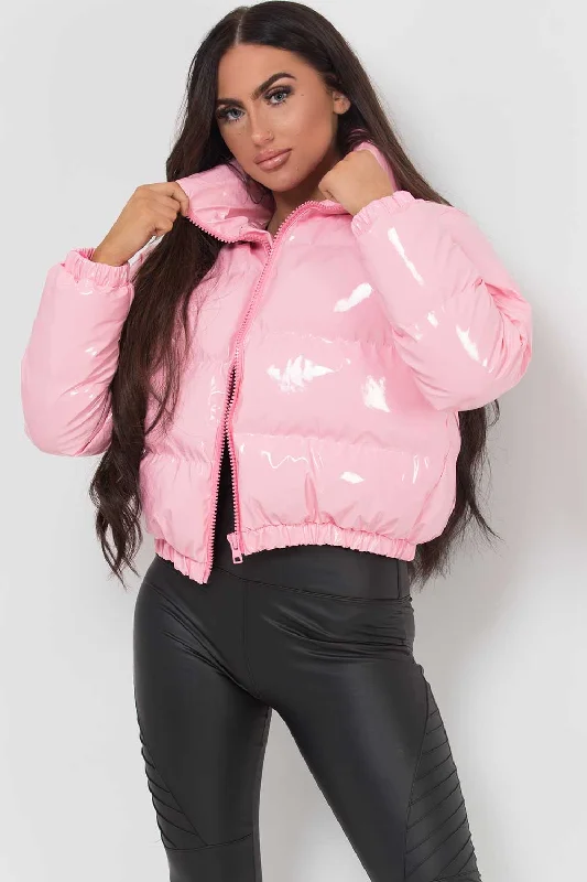 Shiny Crop Puffer Jacket Pink