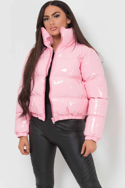 Shiny Crop Puffer Jacket Pink