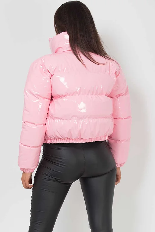 Shiny Crop Puffer Jacket Pink