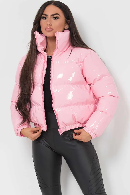 Shiny Crop Puffer Jacket Pink