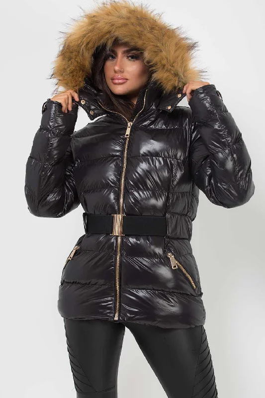 Shiny Puffer Belted Jacket With Faux Fur Hood