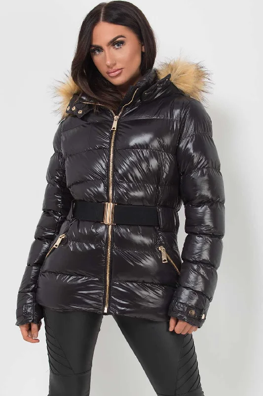 Shiny Puffer Belted Jacket With Faux Fur Hood