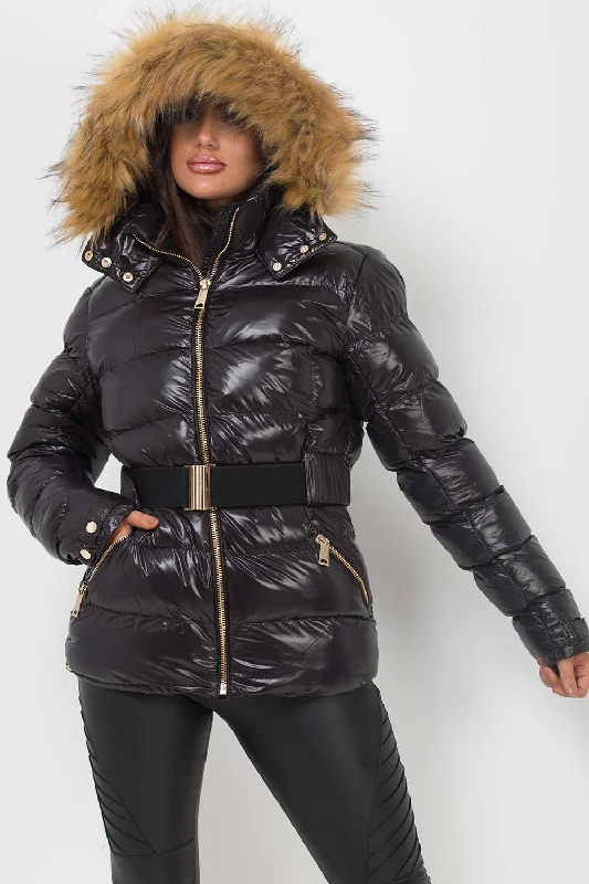 Shiny Puffer Belted Jacket With Faux Fur Hood