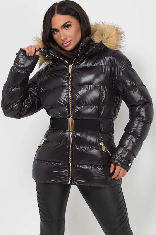 Shiny Puffer Belted Jacket With Faux Fur Hood