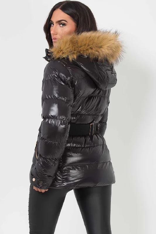 Shiny Puffer Belted Jacket With Faux Fur Hood