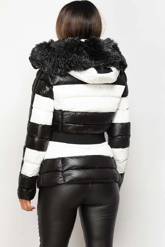 Shiny Puffer Coat With Belt Black And White