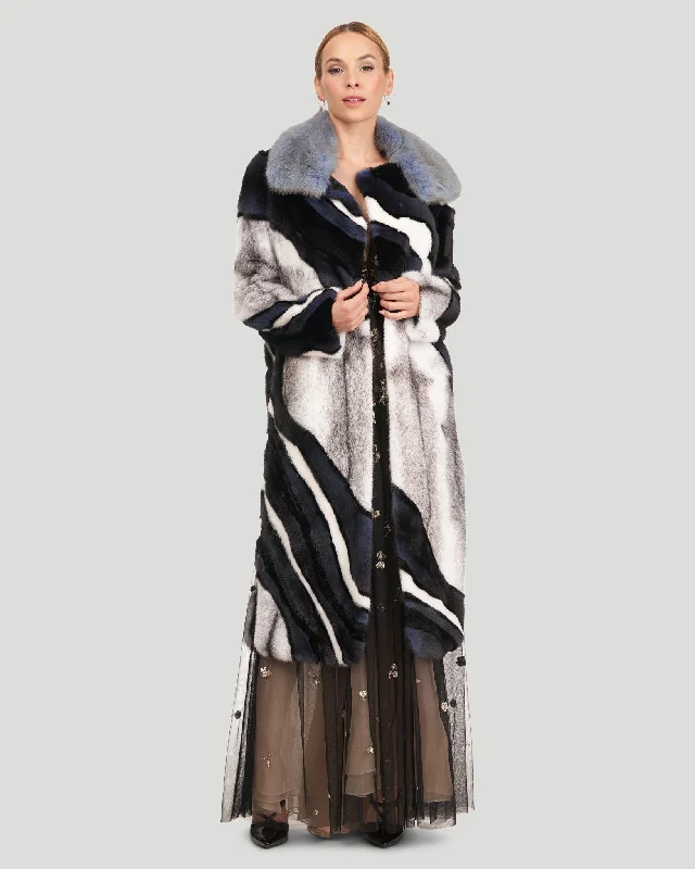 Wave Intarsia Mink Short Coat With Detachable Sable Collar