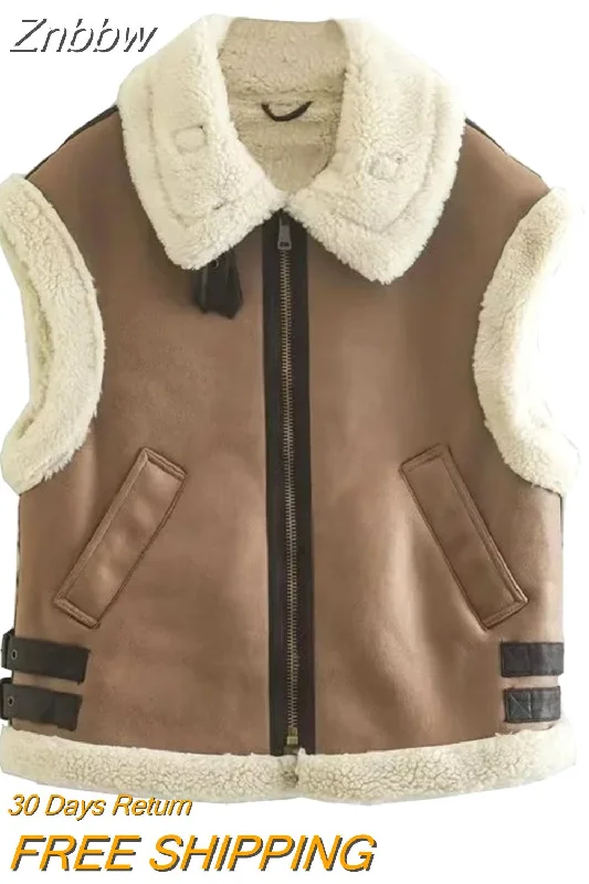 Znbbw TRAF 2023 Winter Women Thick Warm Fleece Faux Leather Jacket Sleeveless Waistcoat Coat Ladies Biker Vest Outwear Tops