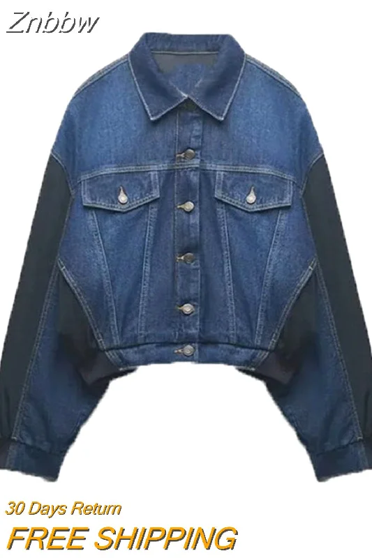 Znbbw TRAF Bomber Denim Jackets for Women Spring Autumn Vintage Chic Long Sleeve Single Breasted Jean Coats Tops Outerwear