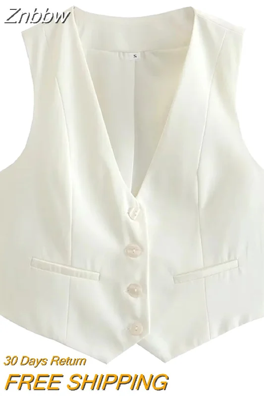 Znbbw TRAF Women V Neck Single Breasted Short Vest Office Lady Sleeveless Chic White Suit Business Slim Waistcoat Tops