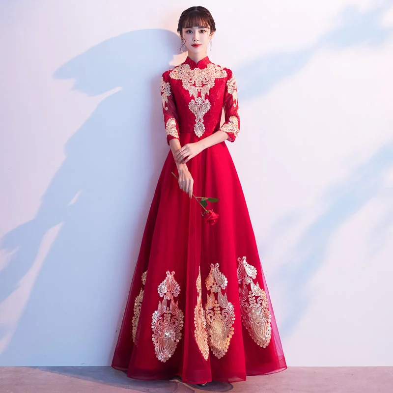 3/4 Sleeve Floral Appliques Mandarin Collar Full Length Oriental Evening Dress