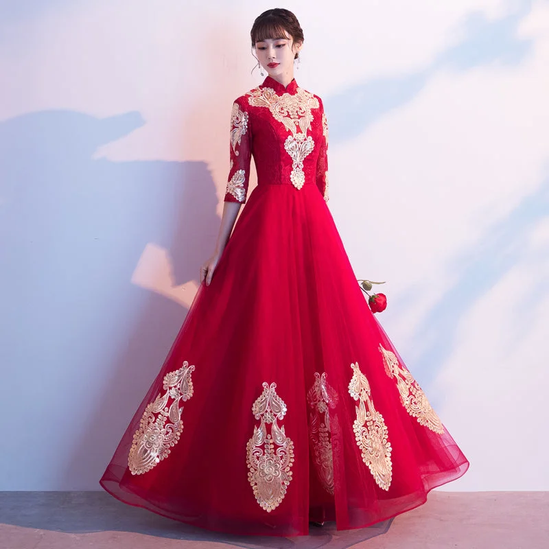 3/4 Sleeve Floral Appliques Mandarin Collar Full Length Oriental Evening Dress