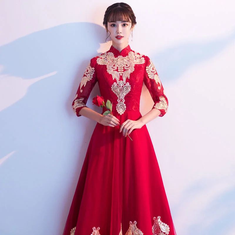 3/4 Sleeve Floral Appliques Mandarin Collar Full Length Oriental Evening Dress