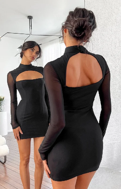 Aurora Black Mesh Long Sleeve Mini Dress