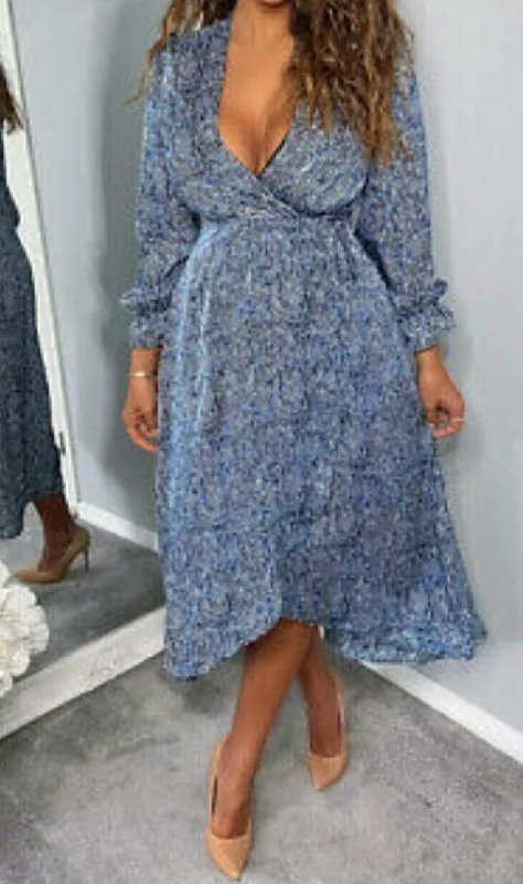 AX Paris Blue Printed Long Sleeve Wrap Midi Dress UK 6 **** SW20