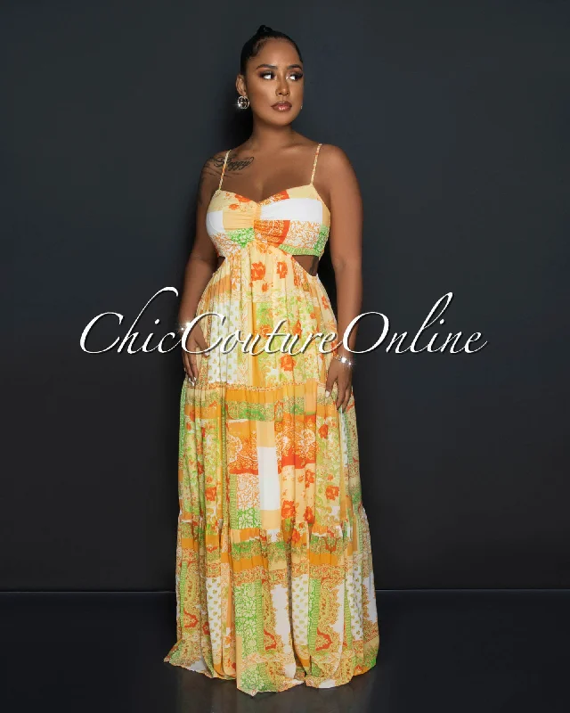 Beaver Yellow Multi-Color Print Waist Cut-Out Maxi Dress