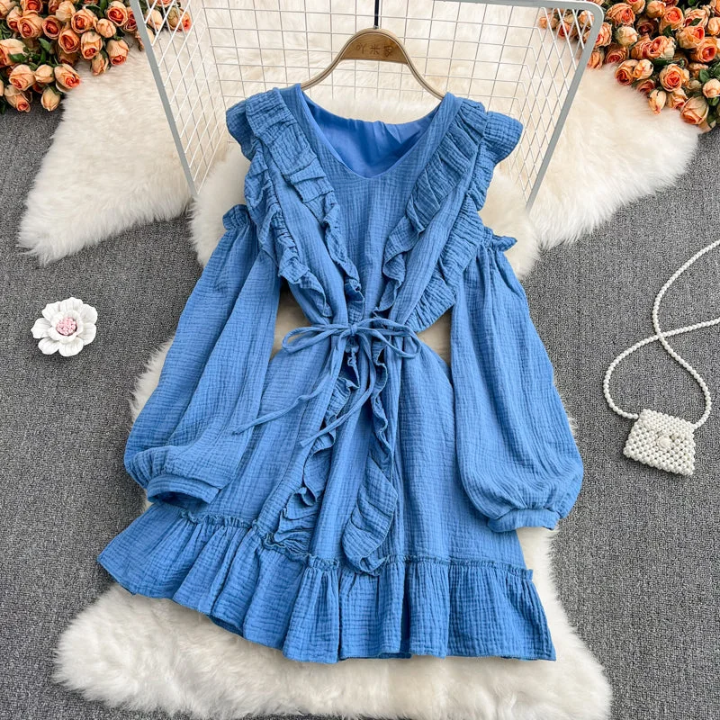 Blue V Neck Long Sleeve Dress Fashion Dress  10916