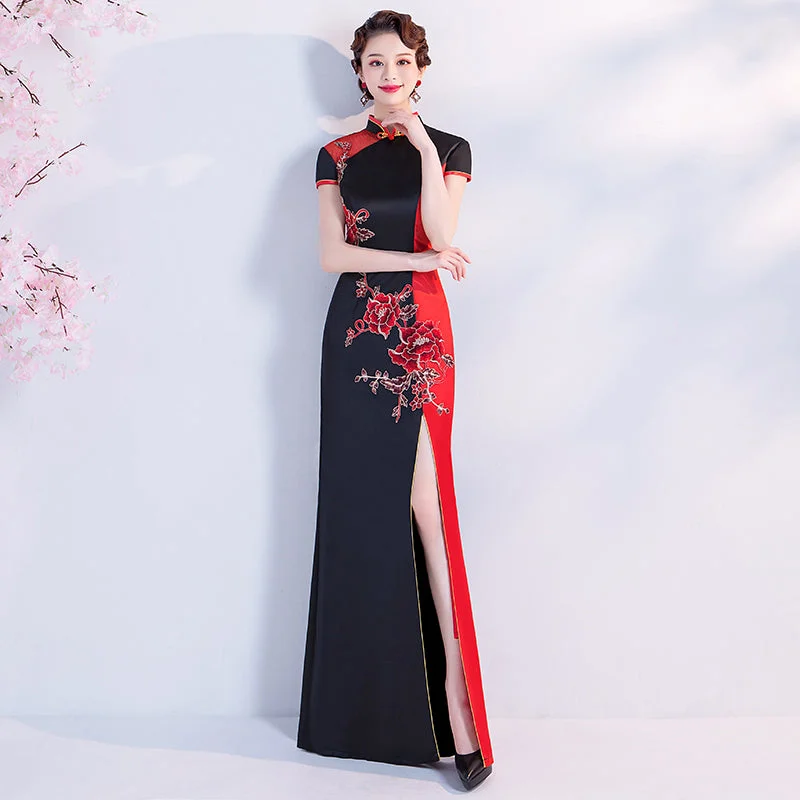 Cap Sleeve Floral Embroidery Cheongsam Top Mermaid Evening Dress