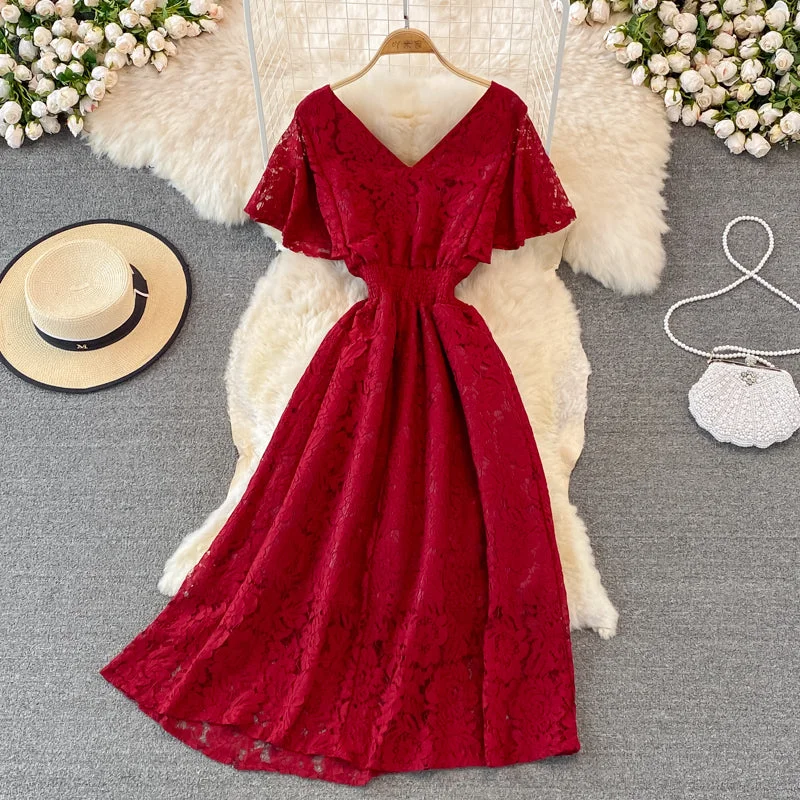 Cute V Neck Lace A Line Dress Fashion Dress  10919