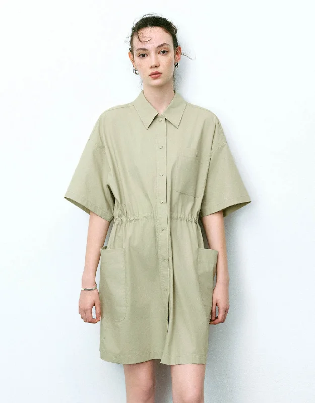 Elastic Waist A-Line Shirt Dress