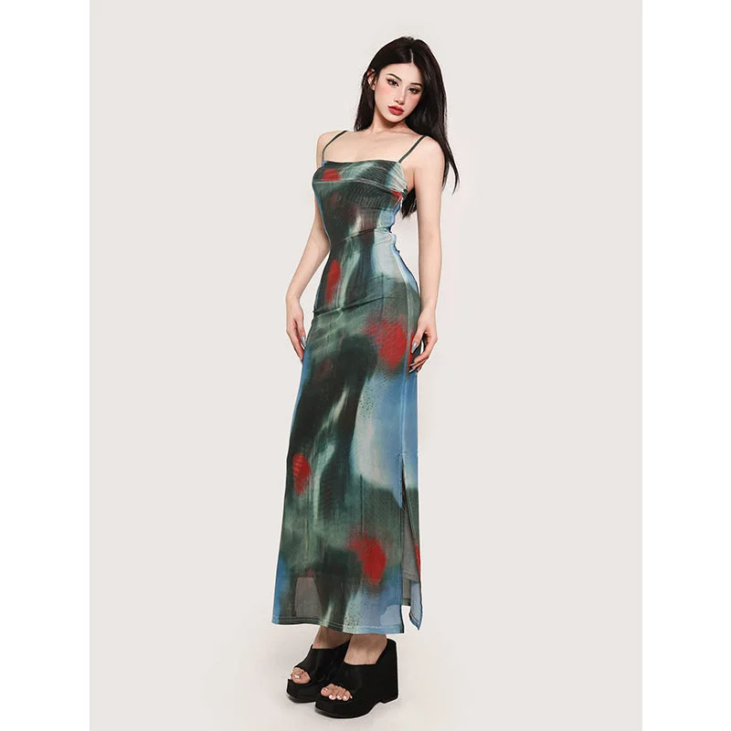 Elice Tie Dye Print Spaghetti Strap Slip Long Dress