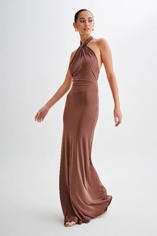 Elyna Slinky Halter Maxi Dress - Chocolate