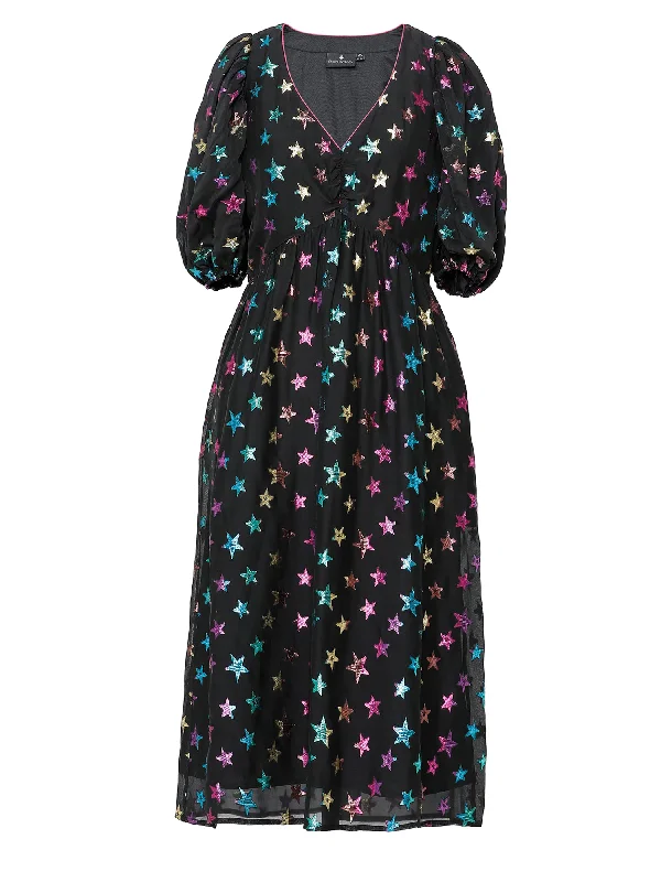 Emily Lovelock Irene Dress: Twirl-Worthy Midi with Starry Sheer Overlay