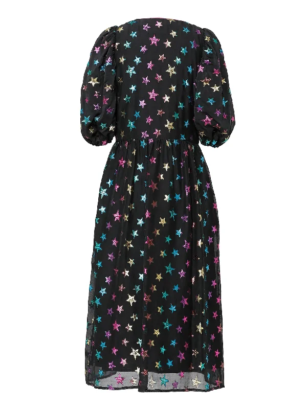 Emily Lovelock Irene Dress: Twirl-Worthy Midi with Starry Sheer Overlay