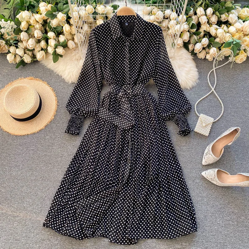 Fashionable A Line Polka Dot Long Sleeve Dress Fashion Dress  10924