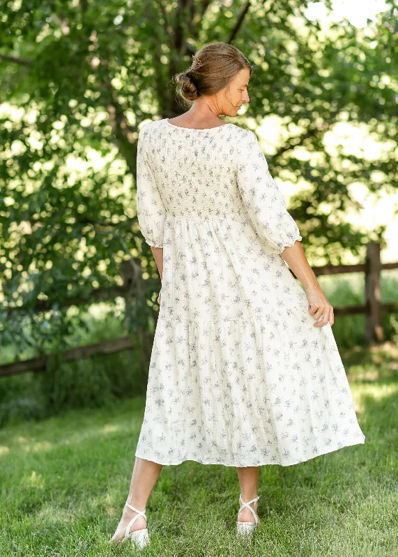 Flora 3/4 Sleeve Smocked Blue Floral Midi Dress