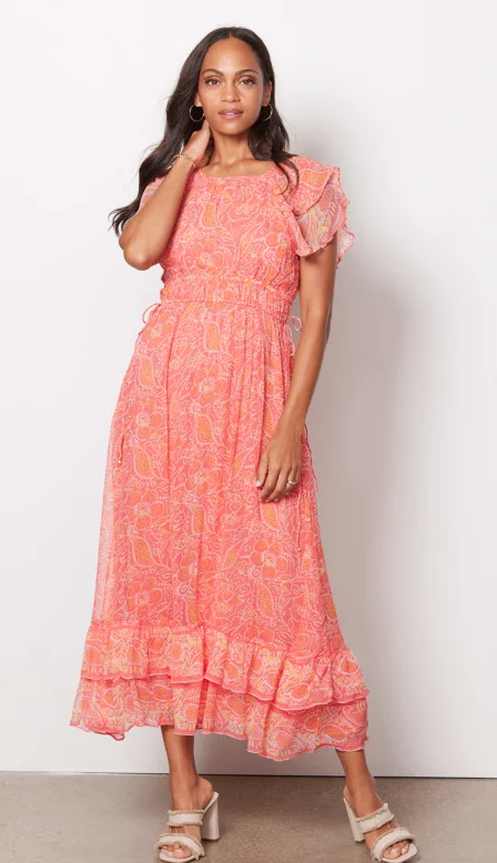 Hannah Tiered Coral Blossom Maxi Dress