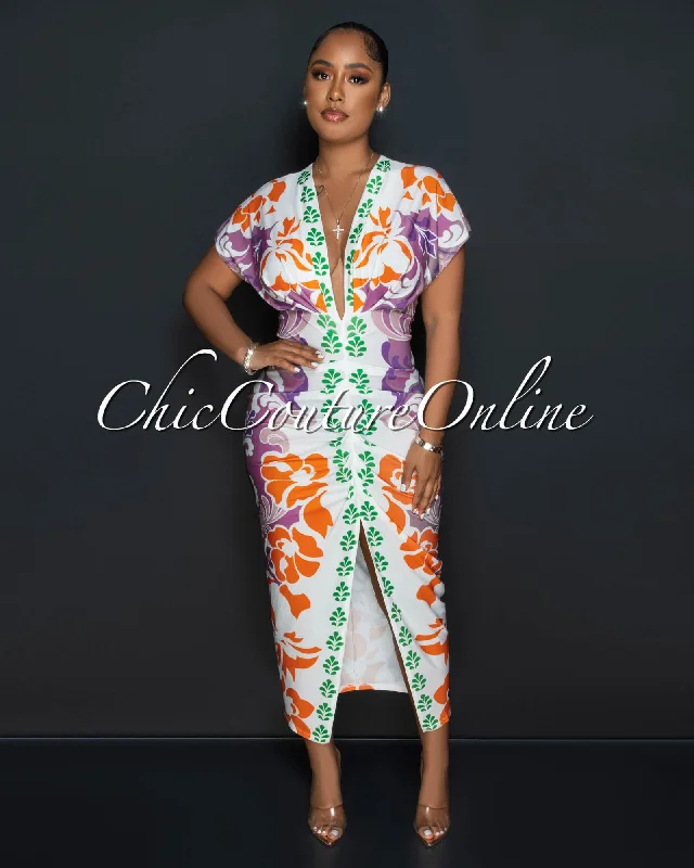 Keeya Tofee Multi-Color Print Deep V Neck Draped Maxi Dress