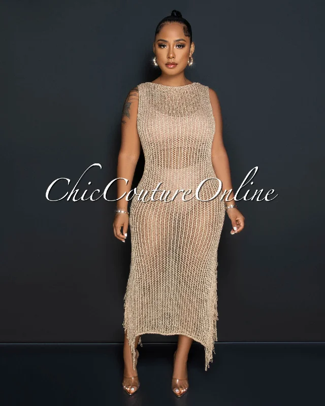 Lajos Gold Crochet Fringe Hem See-Through Maxi Dress