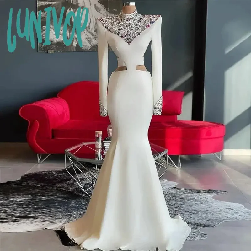 Lunivop Mermaid Prom Dresses for Women Diamonds Crystal Beading Luxury Evening Gowns High Collar Long Sleeves Sexy Backless ساتين السهرة