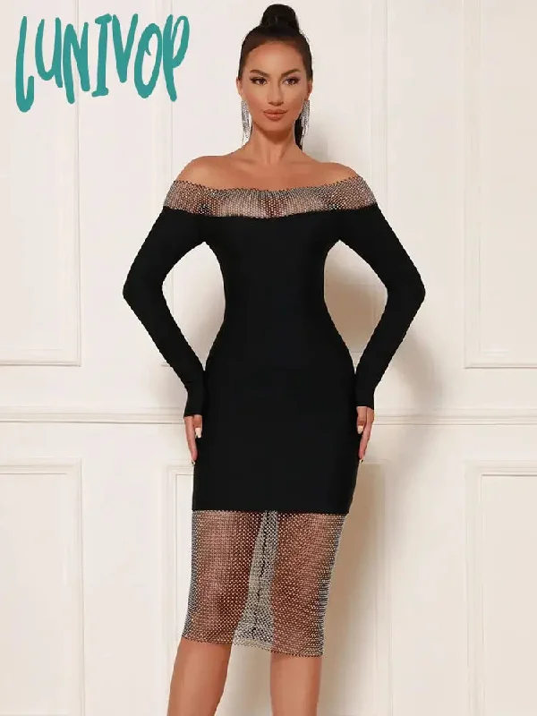 Lunivop Women Summer Sexy Off Shoulder Long Sleeve Black Dimaonds Bodycon Midi Bandage Dress Elegant Evening Celebrity Party Dress