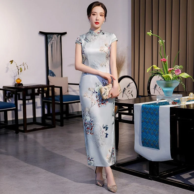 Mandarin Collar Cap Sleeve Full Length Traditional Cheongsam