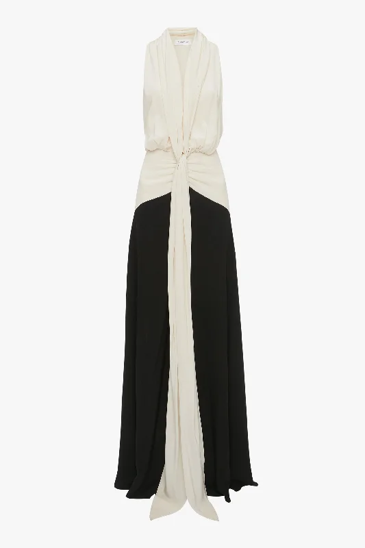 Exclusive Sleeveless Tie Detail Gown In Ivory-Black