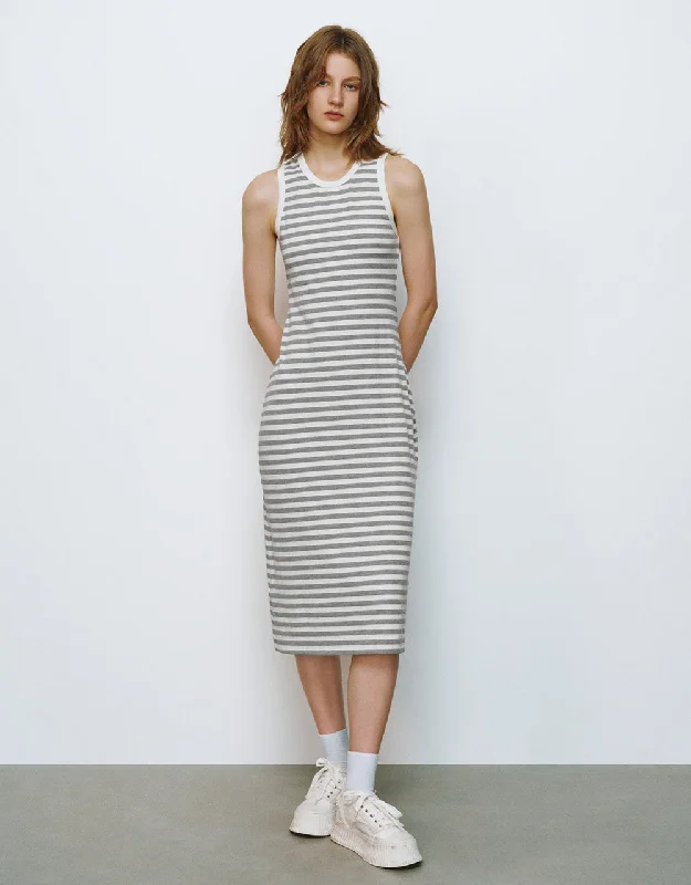 Striped Sleeveless Crew Neck Straight Dress