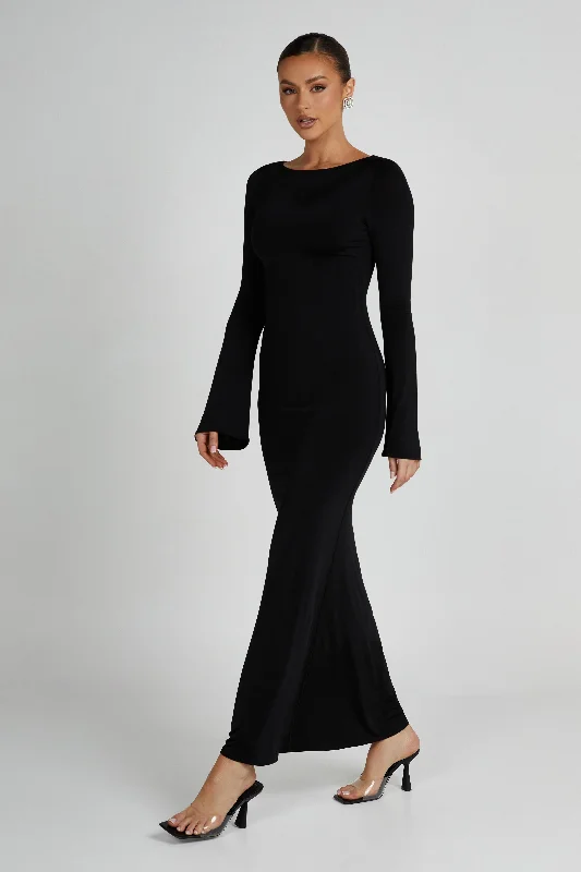 Tarna Slinky Fishtail Maxi Dress - Black