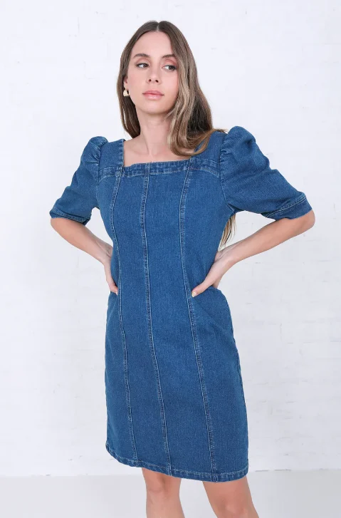 Women's Puff Sleeve Square Neck Denim Dress