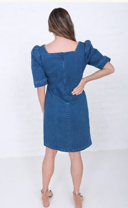 Women's Puff Sleeve Square Neck Denim Dress