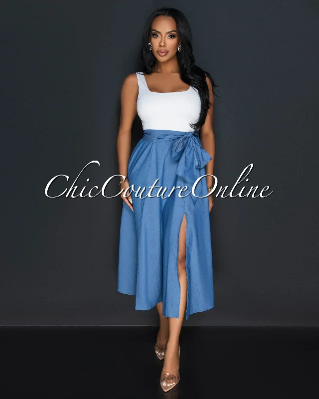 Ziranda White Top Blue Chambray Two-Tone Dress