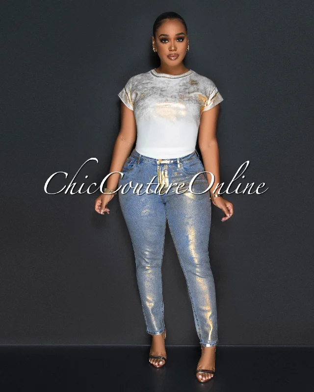 Cobbs Light Denim Gold Foil Skinny Jeans