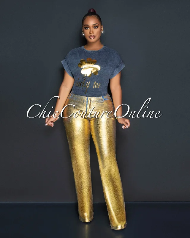 Sally Denim Gold Foil Wide Jeans