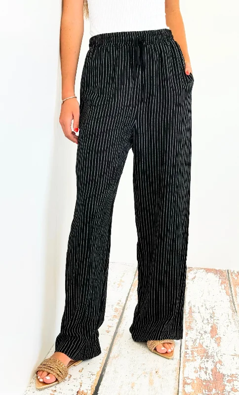 Striped Drawstrings Pants - Black