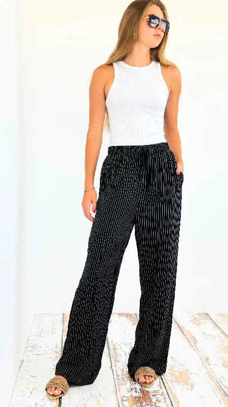 Striped Drawstrings Pants - Black